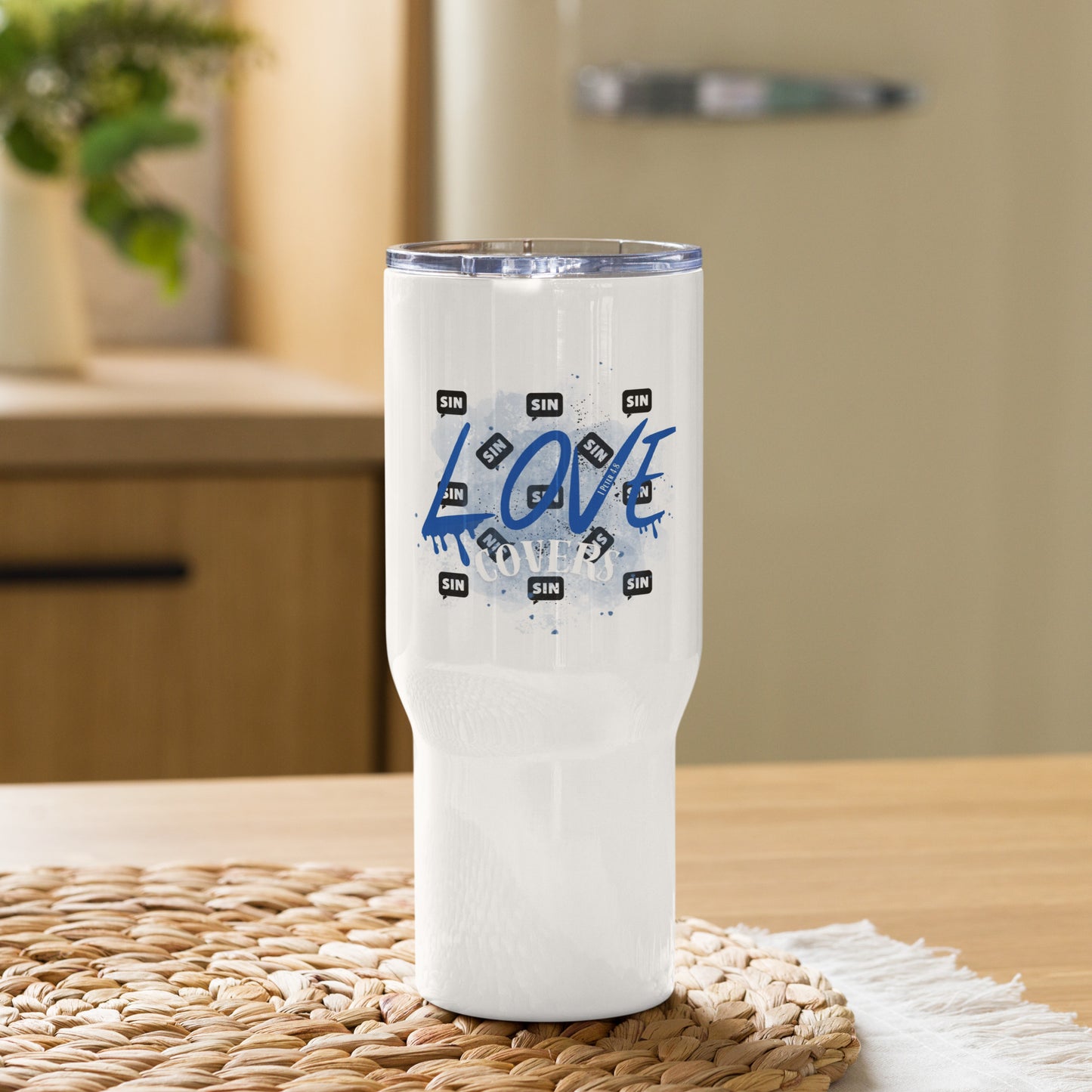 Love Covers Sin Travel mug with a handle - Blue-1